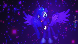 Size: 3840x2160 | Tagged: safe, artist:moonlyrain, princess luna, pony, g4, 3d, crown, dark matter, female, high res, horseshoes, jewelry, regalia, solo, space, tongue out, wings