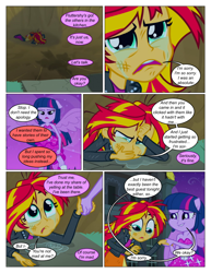 Size: 612x792 | Tagged: safe, artist:greatdinn, artist:newbiespud, edit, edited screencap, screencap, sunset shimmer, twilight sparkle, comic:friendship is dragons, equestria girls, g4, my little pony equestria girls, clothes, comic, crying, dialogue, female, holding hands, injured, looking up, screencap comic