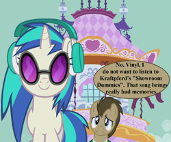 Size: 1296x1080 | Tagged: safe, edit, edited screencap, editor:korora, screencap, dj pon-3, doctor whooves, time turner, vinyl scratch, g4, slice of life (episode), carousel boutique, cropped, cute, doctor who, doctorbetes, headphones, implied autons, kraftwerk, spearhead from space, speech, speech bubble, sunglasses, talking, terror of the autons, the doctor, vinylbetes