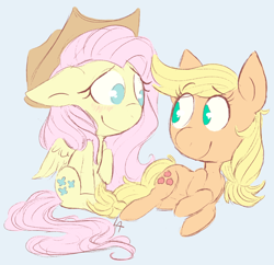 Size: 880x852 | Tagged: safe, artist:lamianxious, applejack, fluttershy, earth pony, pegasus, pony, g4, applejack's hat, blue background, blushing, cowboy hat, eye contact, female, floppy ears, hat, hatless, lesbian, looking at each other, lying down, missing accessory, ship:appleshy, shipping, simple background, sitting, smiling