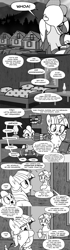 Size: 896x3198 | Tagged: safe, artist:mamatwilightsparkle, lyra heartstrings, spike, twilight sparkle, dragon, pony, unicorn, tumblr:mama twilight sparkle, g4, baby, baby spike, cabin, checklist, clothes, comic, implied smarty pants, monochrome, overalls, tumblr, younger
