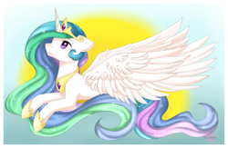 Size: 3300x2148 | Tagged: safe, artist:pillonchou, princess celestia, alicorn, pony, g4, cute, cutelestia, female, high res, mare, profile, solo, speedpaint available, spread wings, sun, wings