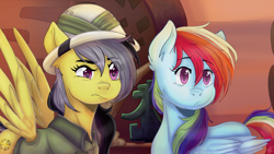 Size: 2668x1500 | Tagged: safe, artist:lettuce17, daring do, rainbow dash, pegasus, pony, g4, stranger than fan fiction, ear fluff, eye clipping through hair, female, mare, scene interpretation