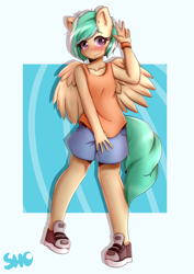 Size: 2893x4092 | Tagged: safe, artist:koizumisho, oc, oc only, oc:mango foalix, pegasus, anthro, abstract background, peace sign, pegasus oc, solo, wings