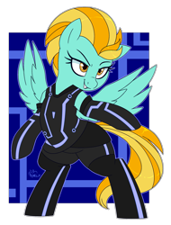Size: 1761x2312 | Tagged: safe, artist:notenoughapples, lightning dust, pegasus, pony, g4, abstract background, bipedal, clothes, cosplay, costume, crossover, female, mare, solo, tron, tron legacy