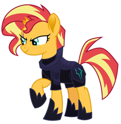 Size: 1024x1045 | Tagged: safe, artist:emeraldblast63, sunset shimmer, pony, unicorn, g4, my little pony: the movie, armor, broken horn, clothes swap, female, horn, mare, raised hoof, simple background, transparent background