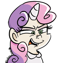 Size: 728x800 | Tagged: safe, artist:mirabuncupcakes15, sweetie belle, human, g4, clothes, disgusted, do not want, eyeshadow, female, horn, horned humanization, humanized, makeup, open mouth, redraw, shirt, simple background, solo, white background