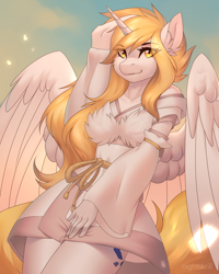 Size: 2000x2500 | Tagged: safe, artist:nightskrill, oc, oc only, oc:kirarane, oc:star nai, alicorn, anthro, alicorn oc, anthro oc, clothes, commission, ear fluff, female, high res, horn, looking at you, mare, smiling, solo, watermark, wings, ych result
