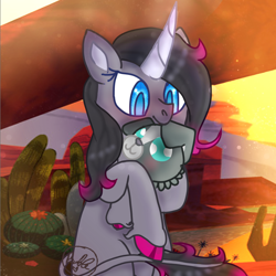 Size: 864x865 | Tagged: safe, artist:bublebee123, oleander (tfh), classical unicorn, dog, pony, unicorn, them's fightin' herds, awwleander, blushing, cloven hooves, community related, cute, duo, female, holding a dog, horn, hug, leonine tail, mare, puppy, sitting, unshorn fetlocks
