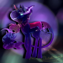 Size: 5800x5800 | Tagged: safe, artist:florarena-kitasatina/dragonborne fox, oc, oc only, oc:jules moonshade-darkov, pony, absurd resolution, beads, cape, clothes, commission, curved horn, horn, jewelry, leonine tail, multicolored hair, offspring, parent:king sombra, parent:princess luna, parents:lumbra, raised leg, regalia, shading, shadow, shooting star, signature, slit pupils, solo, sombra eyes, standing, unshorn fetlocks, watermark