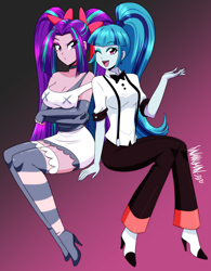 Size: 3026x3870 | Tagged: safe, artist:danmakuman, aria blaze, sonata dusk, human, equestria girls, g4, angel costume, boots, breasts, chaggie, charlie magne, choker, cleavage, clothes, cosplay, costume, demon costume, dress, female, hazbin hotel, hellaverse, high heels, high res, lesbian, miniskirt, mismatched socks, moth costume, one eye closed, open mouth, ship:arisona, shipping, shoes, skirt, socks, stockings, striped socks, striped stockings, that's entertainment, thigh boots, thigh highs, thigh socks, vaggie