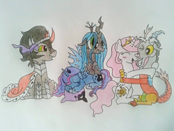Size: 960x720 | Tagged: safe, artist:fluttersquee6, discord, king sombra, princess celestia, princess luna, queen chrysalis, alicorn, changeling, changeling queen, draconequus, pony, unicorn, g4, blushing, cute, cutealis, cutelestia, discute, female, hug, lunabetes, male, pillow, pink-mane celestia, ship:dislestia, shipping, sleeping, sombradorable, straight, traditional art, younger