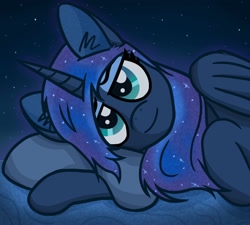 Size: 2000x1800 | Tagged: safe, artist:magic horse, princess luna, alicorn, pony, g4, digital art, female, lidded eyes, looking at you, lying down, mare, meta, night, princess, smiling at you, solo, stars