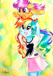 Size: 2322x3304 | Tagged: safe, artist:liaaqila, rainbow dash, scootaloo, pegasus, pony, equestria girls, g4, abstract background, cute, cutealoo, dashabetes, duo, feels in the description, high res, holding a pony, human and pony, liaaqila is trying to murder us, liaaqila is trying to murder us with dashabetes, scootalove, smiling, traditional art