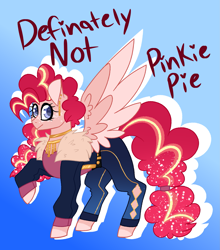 Size: 2901x3296 | Tagged: safe, artist:crazysketch101, oc, oc only, oc:definitely not pinkie pie, pegasus, pony, clothes, ear piercing, earring, freckles, high res, jacket, jewelry, misspelling, necklace, not pinkie pie, pants, piercing, solo