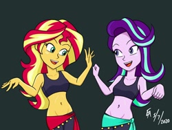 Size: 1024x768 | Tagged: safe, artist:mayorlight, starlight glimmer, sunset shimmer, fanfic:shimmy glimmy, equestria girls, g4, armpits, belly button, belly dancer, belly dancer outfit, clothes, cute, dancing, digital art, duo, eyelashes, eyeshadow, fanfic, fanfic art, fanfic cover, female, glimmerbetes, leggings, long hair, makeup, midriff, open mouth, pose, procreate app, sarong, shimmerbetes, singing belly dancers, singing belly dancing rainbooms, sports bra