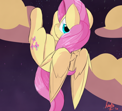 Size: 2598x2362 | Tagged: safe, artist:jubyskylines, fluttershy, pegasus, pony, g4, cloud, cute, female, high res, looking at you, looking back, looking back at you, mare, night, on back, outdoors, shyabetes, smiling, solo, stars, three quarter view, wings