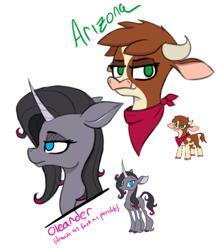 Size: 810x934 | Tagged: safe, artist:pinkberry, arizona (tfh), oleander (tfh), classical unicorn, cow, pony, unicorn, them's fightin' herds, bandana, cloven hooves, colored sketch, community related, curved horn, drawpile, duo, female, horn, leonine tail, simple background, sketch, unshorn fetlocks, white background