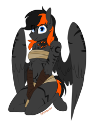 Size: 817x1123 | Tagged: safe, artist:redxbacon, oc, oc only, oc:acrylic breeze (r63), hippogriff, anthro, bodypaint, chest wrap, female, kneeling, loincloth, midriff, rule 63, smiling, solo, talons, tribal, wings