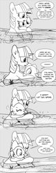 Size: 896x2768 | Tagged: safe, artist:mamatwilightsparkle, spike, twilight sparkle, dragon, pony, unicorn, tumblr:mama twilight sparkle, g4, baby, baby spike, clinging, cold, comic, crying, duo, monochrome, river, scared, shivering, swimming, tumblr, water, younger