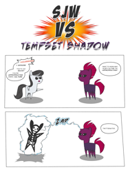 Size: 1786x2364 | Tagged: safe, artist:perfectblue97, tempest shadow, oc, earth pony, pony, unicorn, g4, anti-sjw, broken horn, comic, dialogue, electrocution, female, horn, mare, pointy ponies, social justice warrior