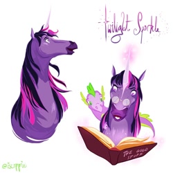 Size: 874x874 | Tagged: safe, artist:iscoppie, spike, twilight sparkle, pony, unicorn, g4, book, glasses, glowing horn, hoers, horn, text, unicorn twilight