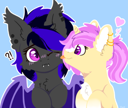 Size: 1845x1554 | Tagged: dead source, safe, artist:dorkmark, oc, oc:moonshadow, bat pony, pony, unicorn, blushing, chest fluff, embarrassed, heart, licking, oc x oc, shipping, tongue out