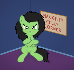 Size: 983x921 | Tagged: safe, artist:craftycirclepony, derpibooru exclusive, oc, oc only, oc:filly anon, earth pony, pony, angry, blushing, cheek fluff, chest fluff, corner, crossed arms, crossed legs, cute, ear fluff, embarrassed, featureless crotch, female, filly, frown, looking at you, naughty, scrunchy face, sign, sitting, solo, spread legs, spreading, time out, time out corner, twilight's castle