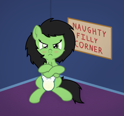 Size: 983x921 | Tagged: safe, artist:cleverround, oc, oc only, oc:filly anon, earth pony, pony, angry, blushing, cheek fluff, chest fluff, corner, crossed arms, crossed legs, cute, diaper, diaper fetish, ear fluff, embarrassed, female, fetish, filly, frown, looking at you, naughty, non-baby in diaper, pullup (diaper), scrunchy face, sign, sitting, soaked, solo, spread legs, spreading, time out, time out corner, twilight's castle, urine, watersports, wet diaper, wetness indicator, wetting diaper