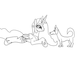 Size: 1024x768 | Tagged: safe, artist:platinumdrop, princess celestia, oc, oc:princess, alicorn, dog, pony, g4, concave belly, crown, folded wings, hoof shoes, jewelry, lying down, monochrome, peytral, princess shoes, prone, regalia, side view, simple background, size difference, sketch, standing, white background, wings
