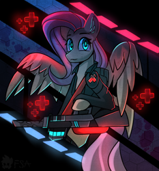 Size: 2800x3000 | Tagged: safe, artist:freak-side, fluttershy, pegasus, pony, g4, female, high res, medic, neon, poster, solo
