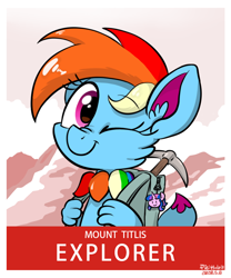 Size: 708x850 | Tagged: safe, artist:holp, rainbow dash, oc, oc only, oc:hsu amity, oc:rainbow eevee, eevee, g4, bag, blinking, cute, dashabetes, explorer, looking at you, mountain, one eye closed, pickaxe, pokémon, positive ponies, poster, signature, smiling, species swap, switzerland