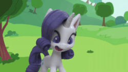 Size: 800x450 | Tagged: safe, screencap, rarity, pony, unicorn, g4.5, gem of a problem, my little pony: stop motion short, animated, eyes closed, female, gif, happy, looking at something, mare, outdoors, smiling, solo, stop motion, tree