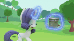 Size: 800x450 | Tagged: safe, screencap, rarity, pony, unicorn, g4.5, gem of a problem, my little pony: stop motion short, animated, bucket, confused, female, gif, happy, hooves up, looking at something, magic, magic aura, magic fail, magic surge, out of control magic, outdoors, solo, stop motion, telekinesis, tree, worried
