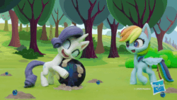 Size: 800x450 | Tagged: safe, screencap, rainbow dash, rarity, pegasus, pony, unicorn, g4.5, gem of a problem, my little pony: stop motion short, animated, bipedal, blech, dirt, dirty, female, gem, gif, happy, hasbro logo, kissing, mistakes were made, outdoors, smiling, stop motion, sudden realization, tree, wings
