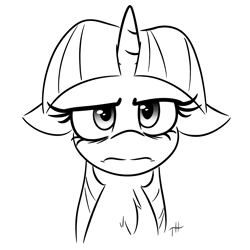 Size: 3250x3250 | Tagged: safe, artist:fakskis, twilight sparkle, pony, g4, 30 minute art challenge, bags under eyes, bust, chest fluff, female, floppy ears, frown, grumpy, grumpy twilight, high res, horn, looking at you, mare, monochrome, portrait, simple background, solo, twilight sparkle is not amused, unamused, white background