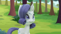 Size: 800x450 | Tagged: safe, screencap, rarity, pony, unicorn, g4.5, gem of a problem, my little pony: stop motion short, animated, blinking, female, gif, nervous, solo, stop motion, sweat, sweatdrop