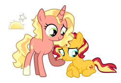 Size: 2368x1624 | Tagged: safe, artist:spectrumnightyt, sunset shimmer, oc, oc:morning sunshine, pony, unicorn, g4, female, filly, previous generation, prone, siblings, simple background, transparent background