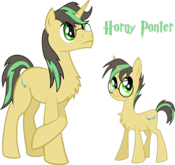 Size: 1280x1205 | Tagged: safe, artist:inersdraco, pony, unicorn, chest fluff, colt, duo, glasses, harry potter (series), male, ponified, self ponidox, simple background, stallion, text, transparent background, vector