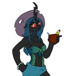 Size: 3000x3000 | Tagged: safe, artist:pony quarantine, queen chrysalis, changeling, changeling queen, anthro, g4, bracket, clothes, coconut, drink, female, finger out, food, fruit, hand on hip, hat, high res, scowl, simple background, solo, sunglasses, swimsuit, transparent background