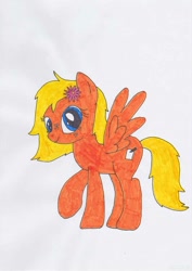 Size: 752x1063 | Tagged: safe, artist:electric spark, color edit, edit, oc, oc only, oc:whistle blossom, pegasus, pony, colored, female, flower, flower in hair, looking at you, pegasus oc, raised hoof, simple background, smiling, solo, spread wings, traditional art, white background, wings