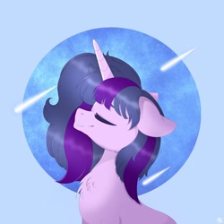 Size: 1080x1080 | Tagged: safe, artist:_sofia_sparkle_art_, pony, unicorn, abstract background, bust, chest fluff, eyes closed, female, mare, smiling, solo