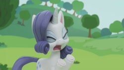 Size: 1920x1080 | Tagged: safe, screencap, rarity, pony, unicorn, g4.5, gem of a problem, my little pony: stop motion short, eyes closed, female, hooves up, mare, solo, tree, upset