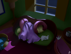 Size: 4000x3000 | Tagged: safe, artist:sheeppony, angel bunny, discord, fluttershy, g4, blanket, couch, duo focus, fluttershy's cottage, night, offscreen character, sleeping