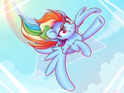 Size: 1600x1200 | Tagged: safe, artist:wavecipher, rainbow dash, pegasus, pony, g4, cloud, female, flying, mare, rainbow trail, sky, solo, spread wings, triangle, windswept mane, wings