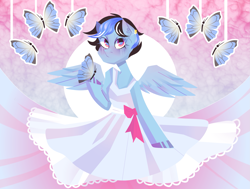 Size: 2331x1761 | Tagged: safe, artist:silastik, oc, oc only, oc:icylightning, butterfly, pegasus, pony, abstract background, blushing, clothes, commission, dress, ear piercing, earring, female, jewelry, mare, piercing, ribbon, ych result