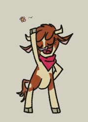 Size: 1321x1830 | Tagged: safe, artist:laya-21, arizona (tfh), cow, them's fightin' herds, bandana, bipedal, cloven hooves, community related, eyes closed, female, flower, gray background, neckerchief, simple background, solo