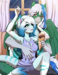 Size: 2756x3543 | Tagged: safe, artist:mintjuice, oc, oc only, oc:arctic blitz, oc:silver sword, dracony, dragon, hybrid, pegasus, pony, anthro, anthro oc, armpits, clothes, commission, dropped ice cream, food, high res, ice cream, looking at each other, room, shirt, shorts, spoon, t-shirt