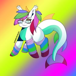 Size: 2048x2048 | Tagged: safe, artist:cosmiclitgalaxy, oc, oc only, oc:sky, original species, pony, shark, shark pony, clothes, cute, ear tufts, glasses, gradient background, high res, redesign, socks, solo, striped socks