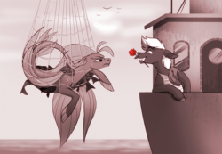 Size: 1010x700 | Tagged: safe, artist:28gooddays, bird, fish, pony, sea pony, seagull, seapony (g4), animated, fishing boat, fishing net, flower, flower in mouth, gif, mouth hold, ych example, ych sketch, your character here